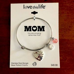 Mom fine silver plated stainless steel genuine stone bangle bracelet